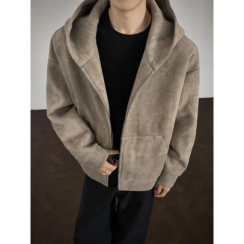 Men's plus size loose fit hooded tie-dyed cardigan coat in black, side pockets