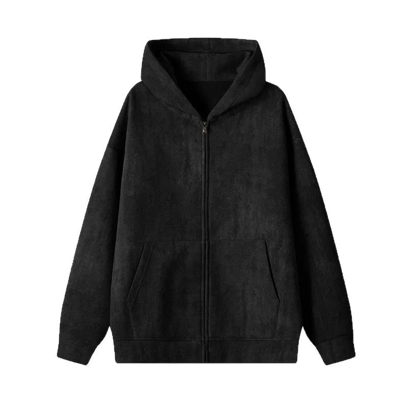 Men's plus size loose fit hooded tie-dyed cardigan coat in black, side pockets