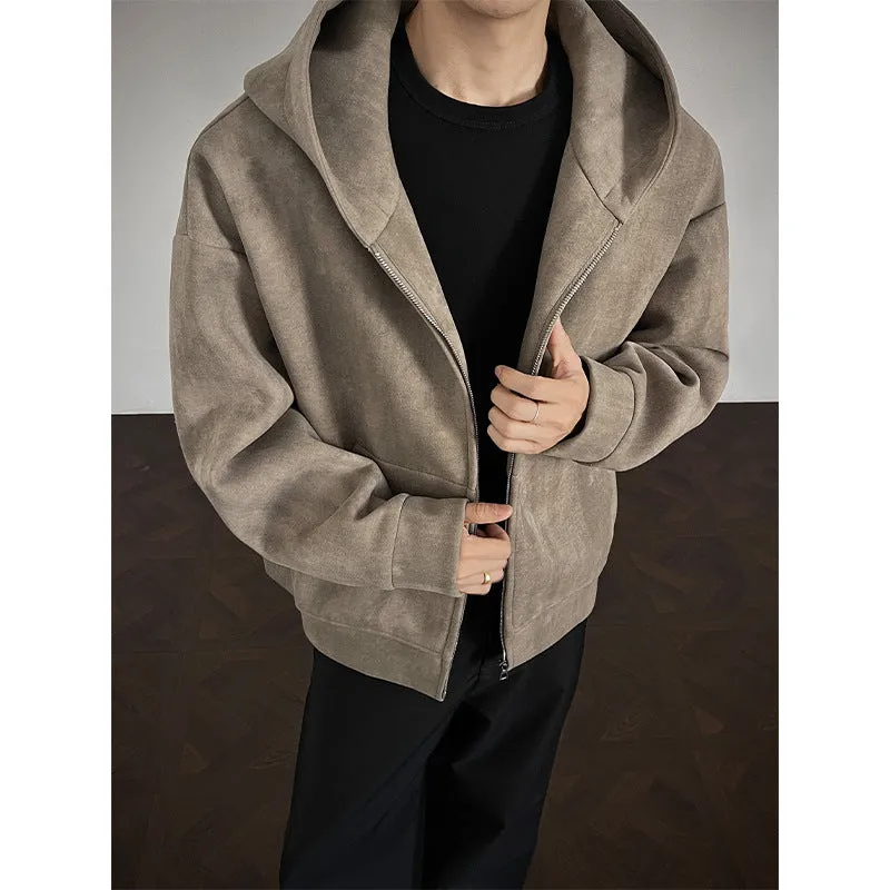 Men's plus size loose fit hooded tie-dyed cardigan coat in black, side pockets