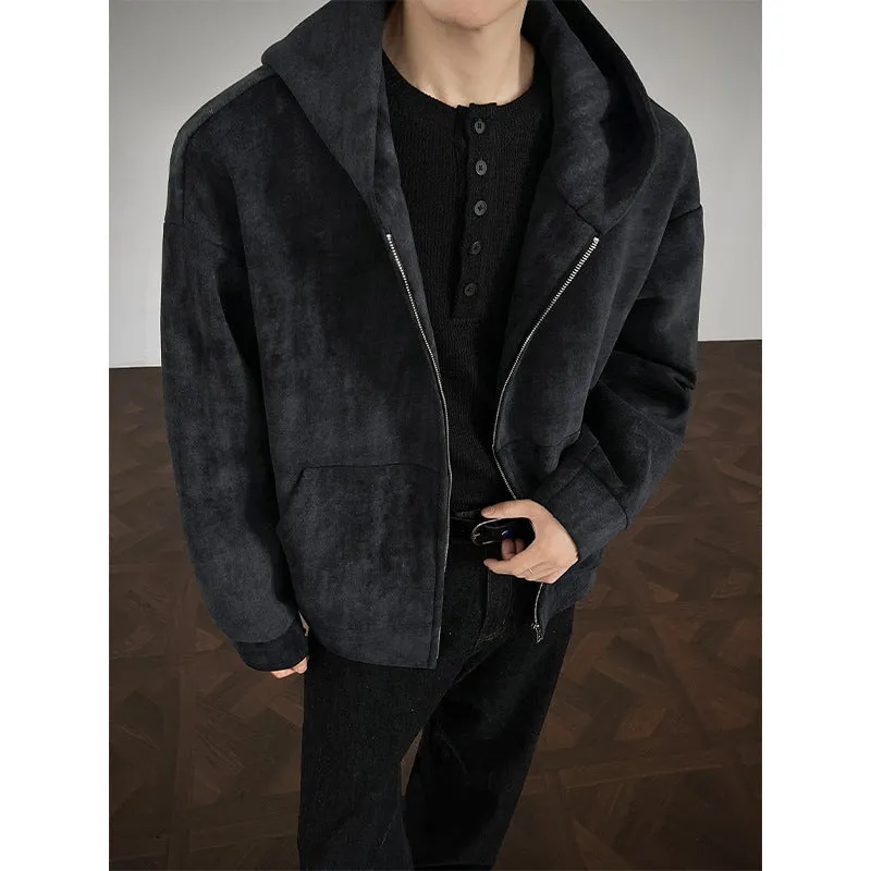 Men's plus size loose fit hooded tie-dyed cardigan coat in black, side pockets