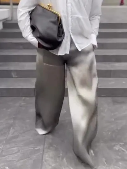 Men's casual flowing satin wide-leg pants in plain design, full-length polyester trousers for daily wear