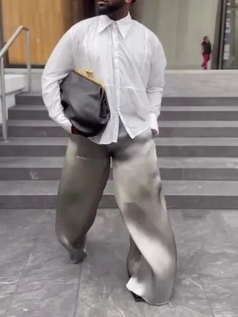 Men's casual flowing satin wide-leg pants in plain design, full-length polyester trousers for daily wear