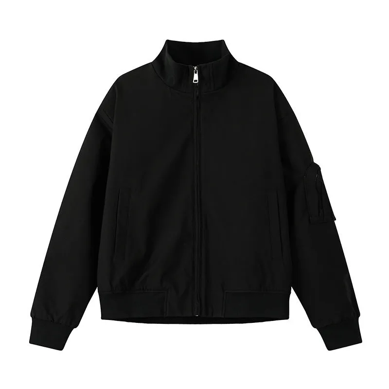 Men's large size multi-pocket short flight jacket in black, loose fit, polyester fiber fabric with visible pockets.