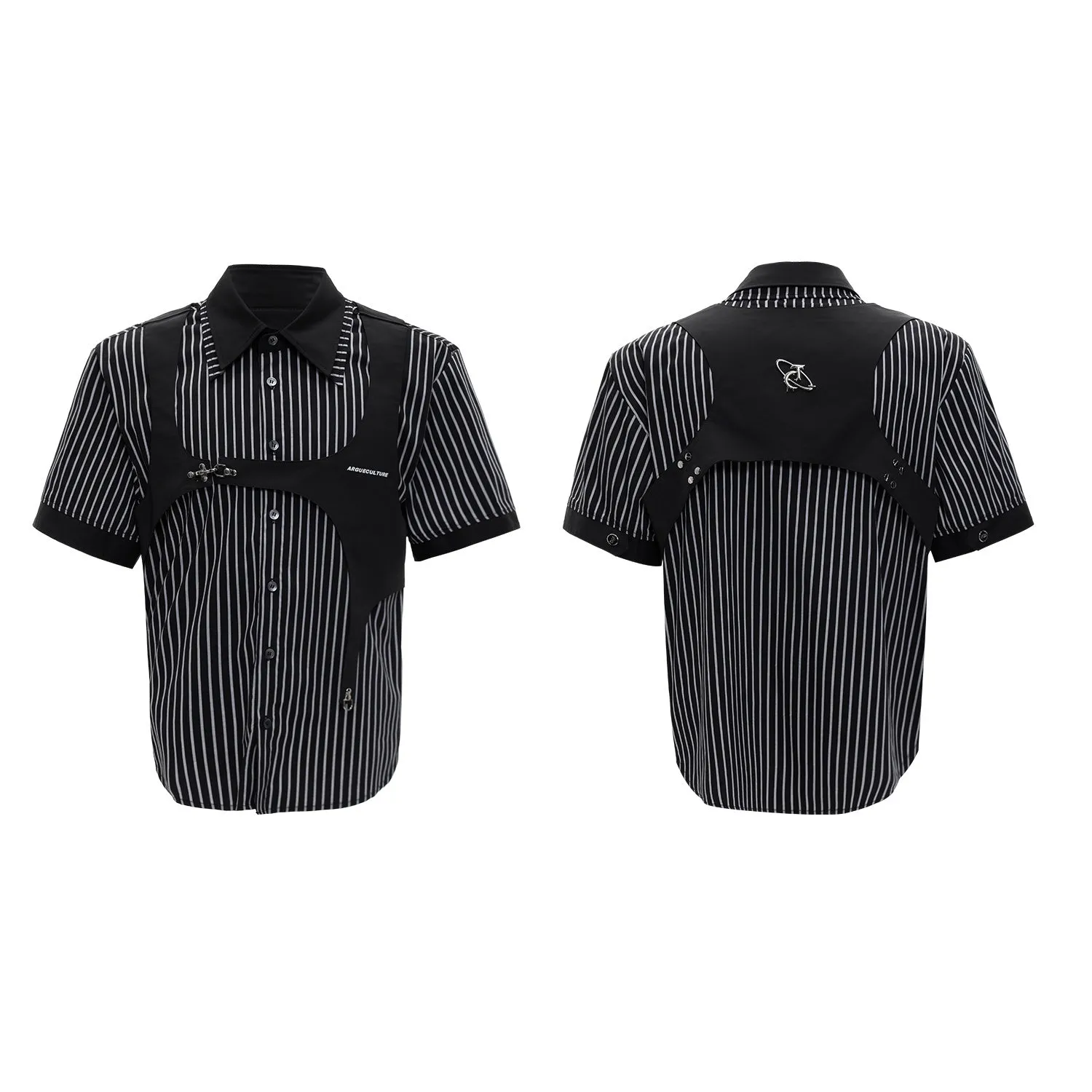 Men's striped cotton shirt with double collar design in black and white patterns, short sleeves with single-breasted fastening