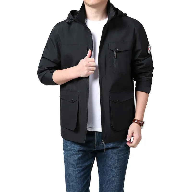 Men's outdoor plus size jacket in chemical fibre blend with pleated patch pockets in gray colour