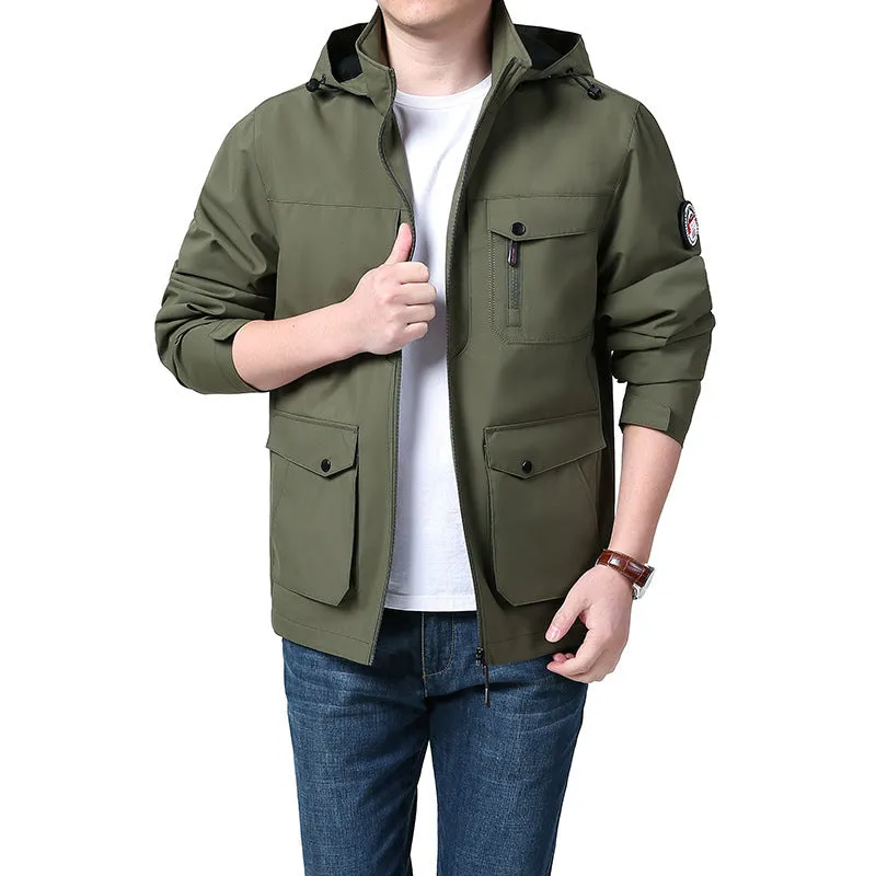 Men's outdoor plus size jacket in chemical fibre blend with pleated patch pockets in gray colour