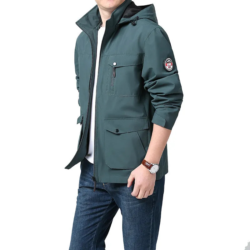 Men's outdoor plus size jacket in chemical fibre blend with pleated patch pockets in gray colour