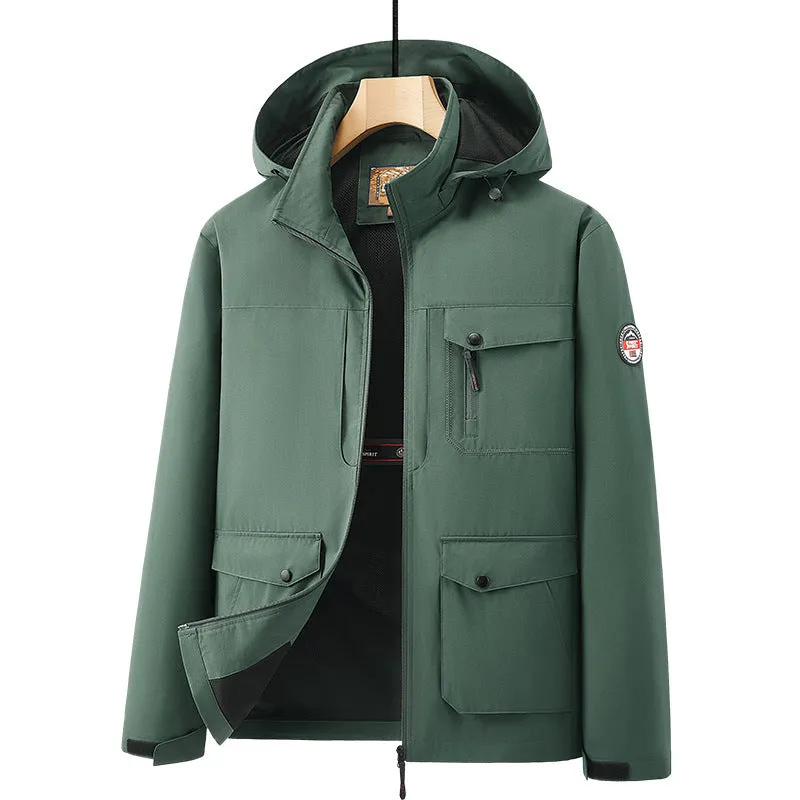 Men's outdoor plus size jacket in chemical fibre blend with pleated patch pockets in gray colour