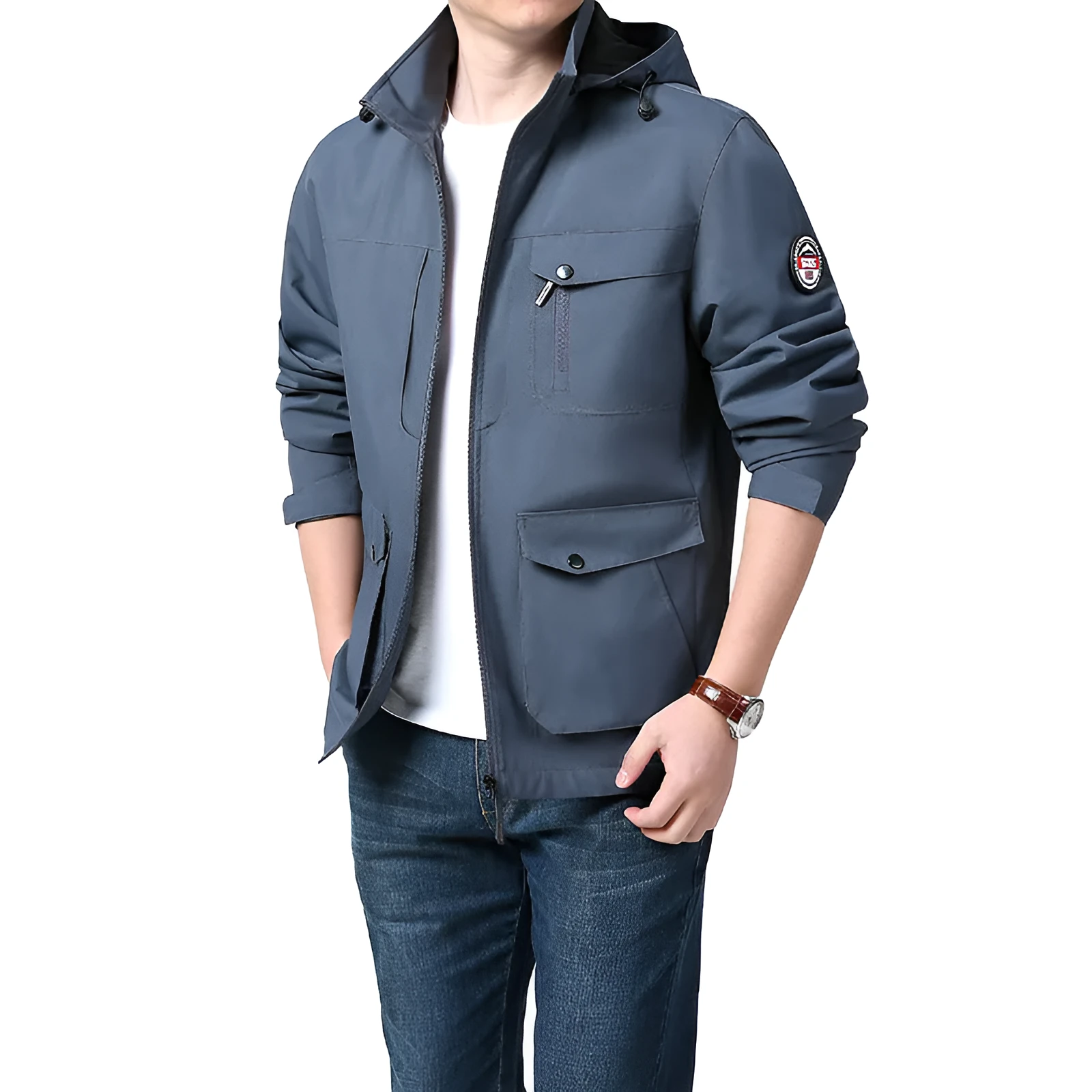 Men's outdoor plus size jacket in chemical fibre blend with pleated patch pockets in gray colour
