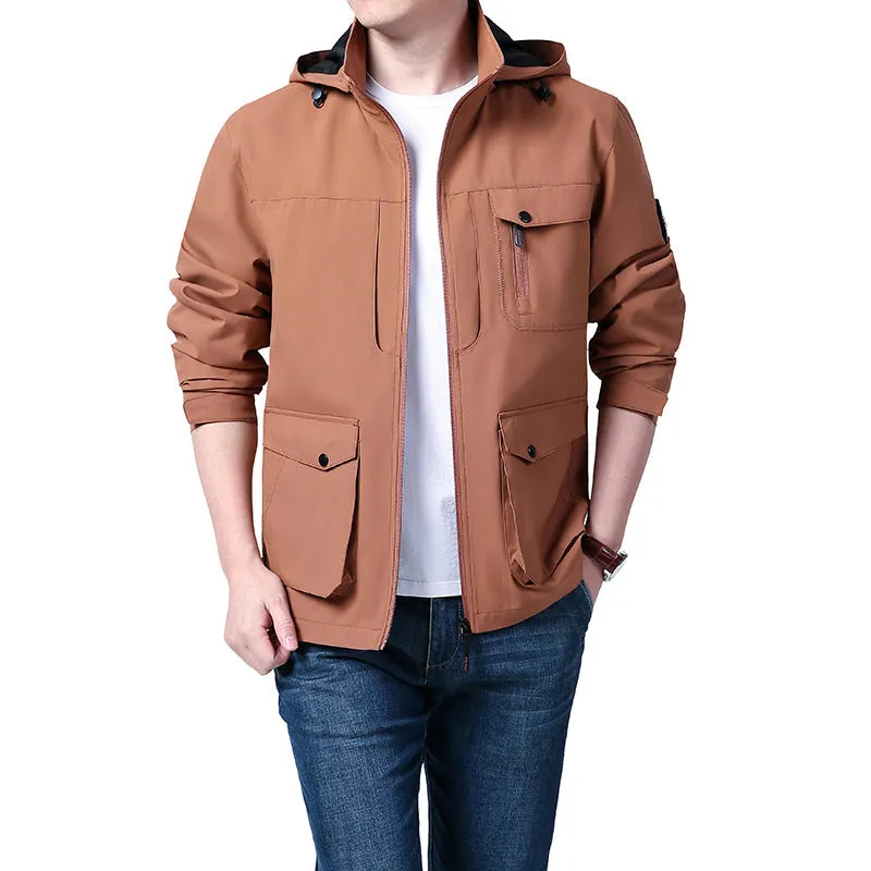 Men's outdoor plus size jacket in chemical fibre blend with pleated patch pockets in gray colour