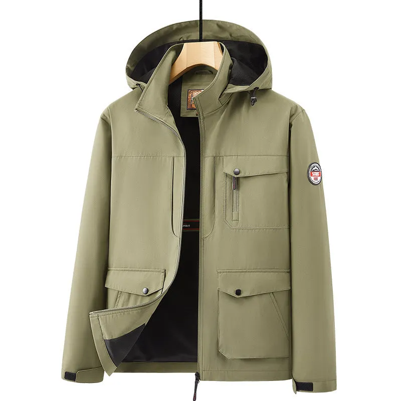 Men's outdoor plus size jacket in chemical fibre blend with pleated patch pockets in gray colour