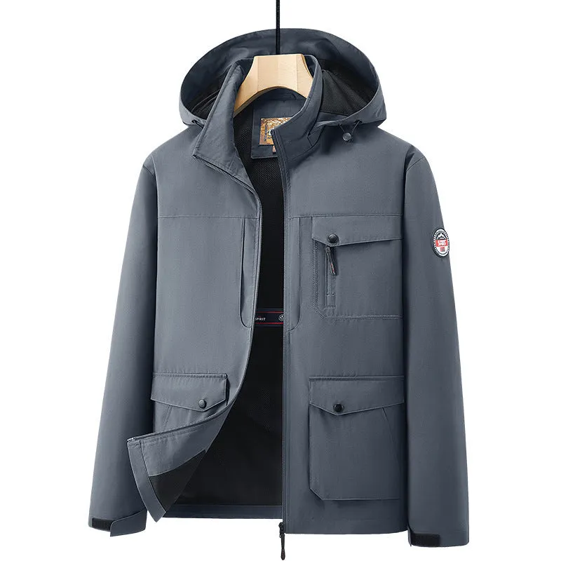 Men's outdoor plus size jacket in chemical fibre blend with pleated patch pockets in gray colour