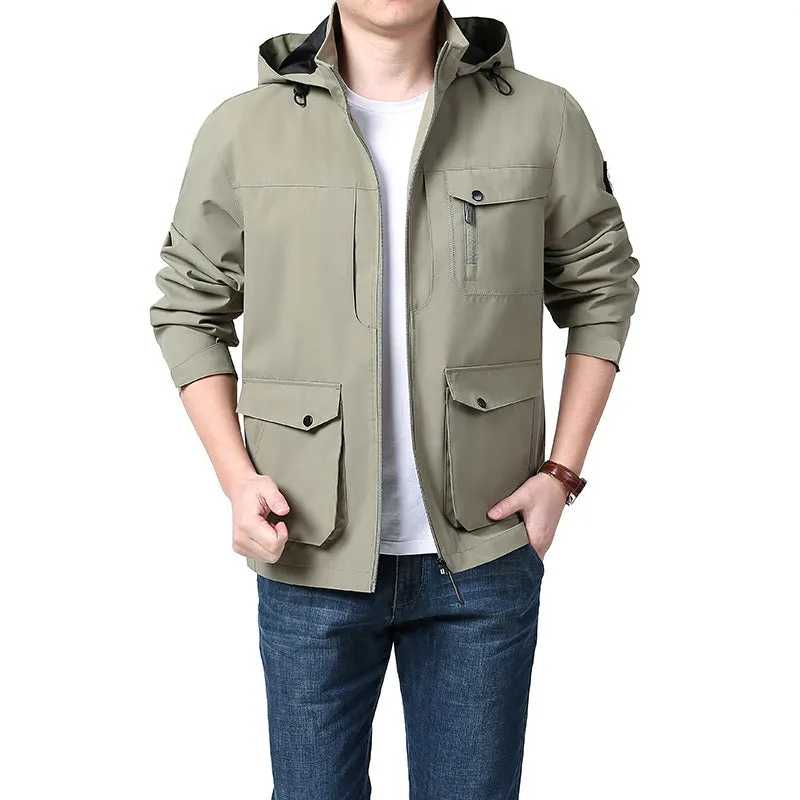 Men's outdoor plus size jacket in chemical fibre blend with pleated patch pockets in gray colour