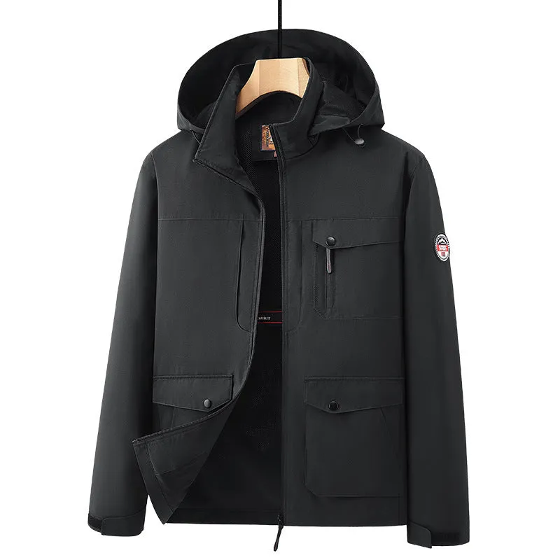 Men's outdoor plus size jacket in chemical fibre blend with pleated patch pockets in gray colour