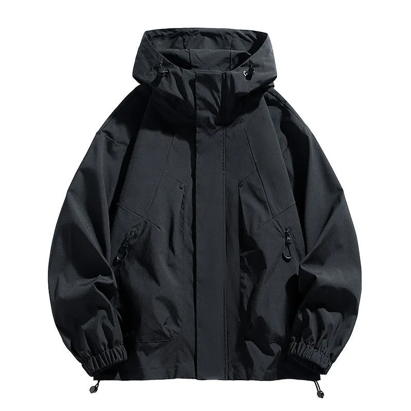 Men's plus size hooded casual coat in khaki, front view, polyester blend, spring autumn