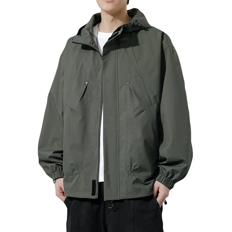 Men's plus size hooded casual coat in khaki, front view, polyester blend, spring autumn