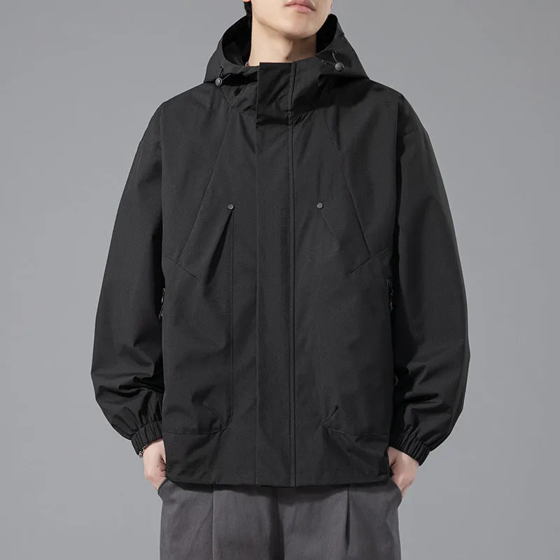Men's plus size hooded casual coat in khaki, front view, polyester blend, spring autumn
