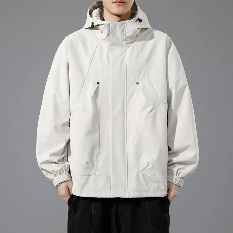 Men's plus size hooded casual coat in khaki, front view, polyester blend, spring autumn