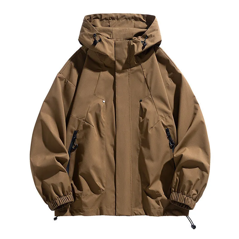 Men's plus size hooded casual coat in khaki, front view, polyester blend, spring autumn