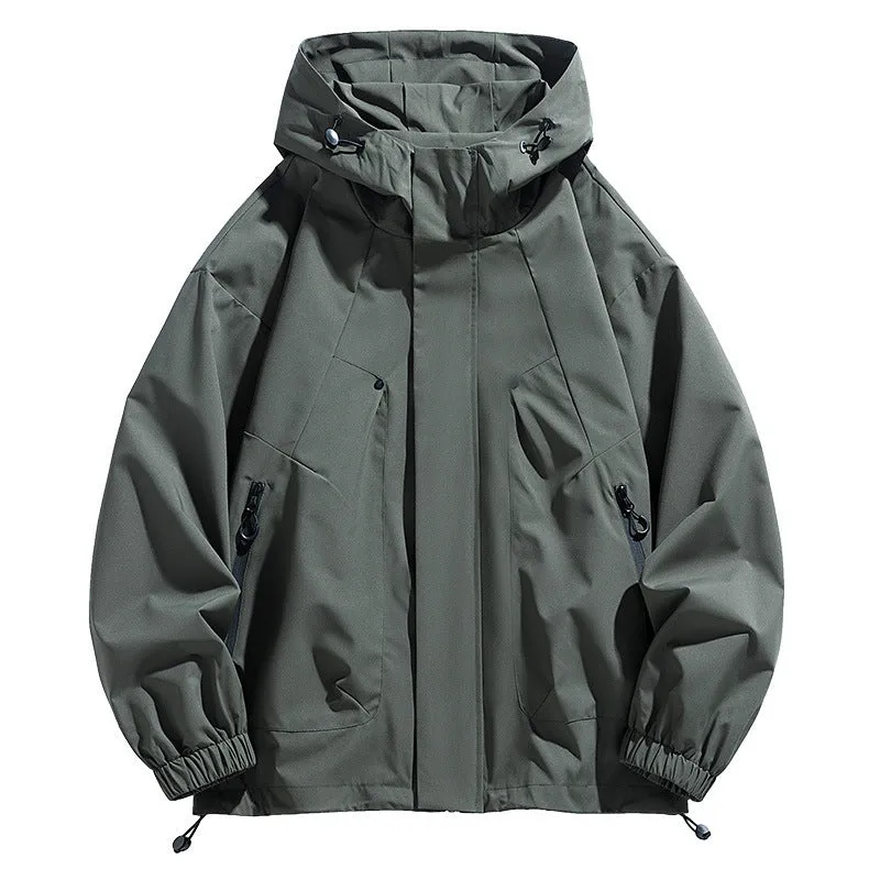 Men's plus size hooded casual coat in khaki, front view, polyester blend, spring autumn