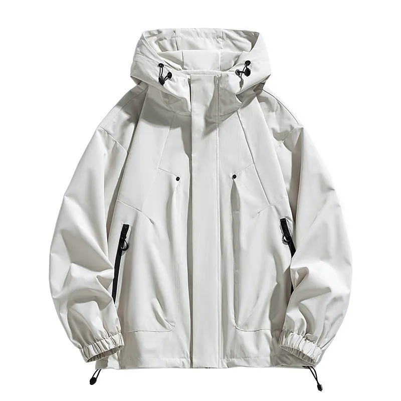 Men's plus size hooded casual coat in khaki, front view, polyester blend, spring autumn