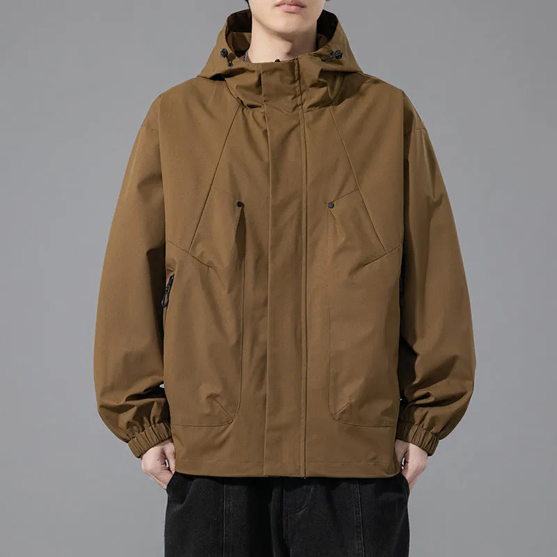 Men's plus size hooded casual coat in khaki, front view, polyester blend, spring autumn
