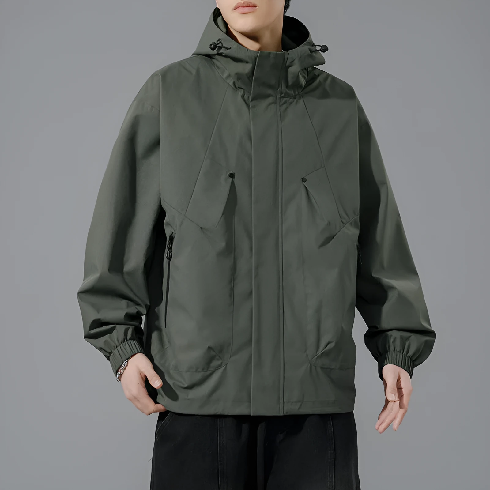 Men's plus size hooded casual coat in khaki, front view, polyester blend, spring autumn