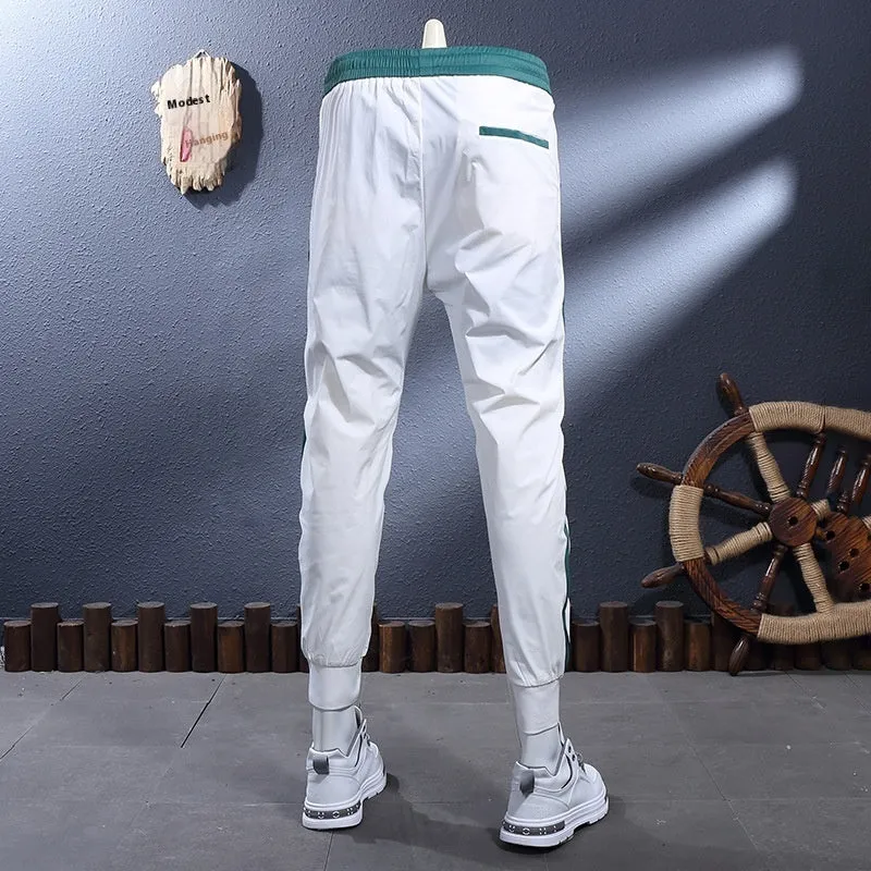 Ice silk breathable stretch slim-fit ankle-tied skinny sports trousers for men, black stripe design