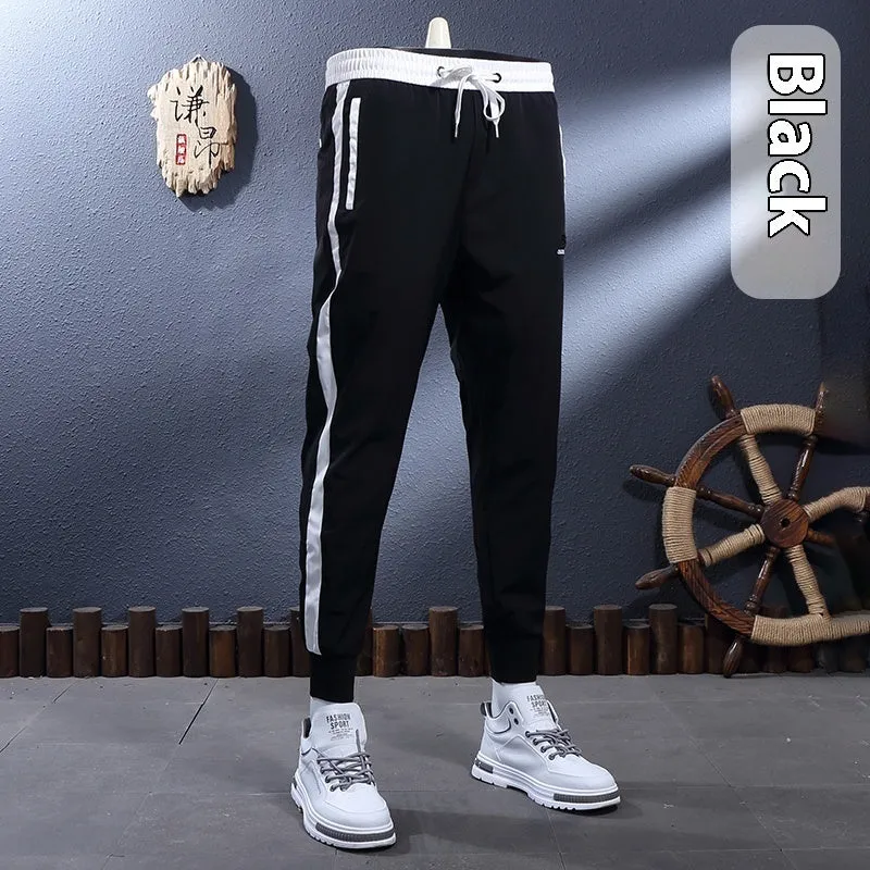 Ice silk breathable stretch slim-fit ankle-tied skinny sports trousers for men, black stripe design