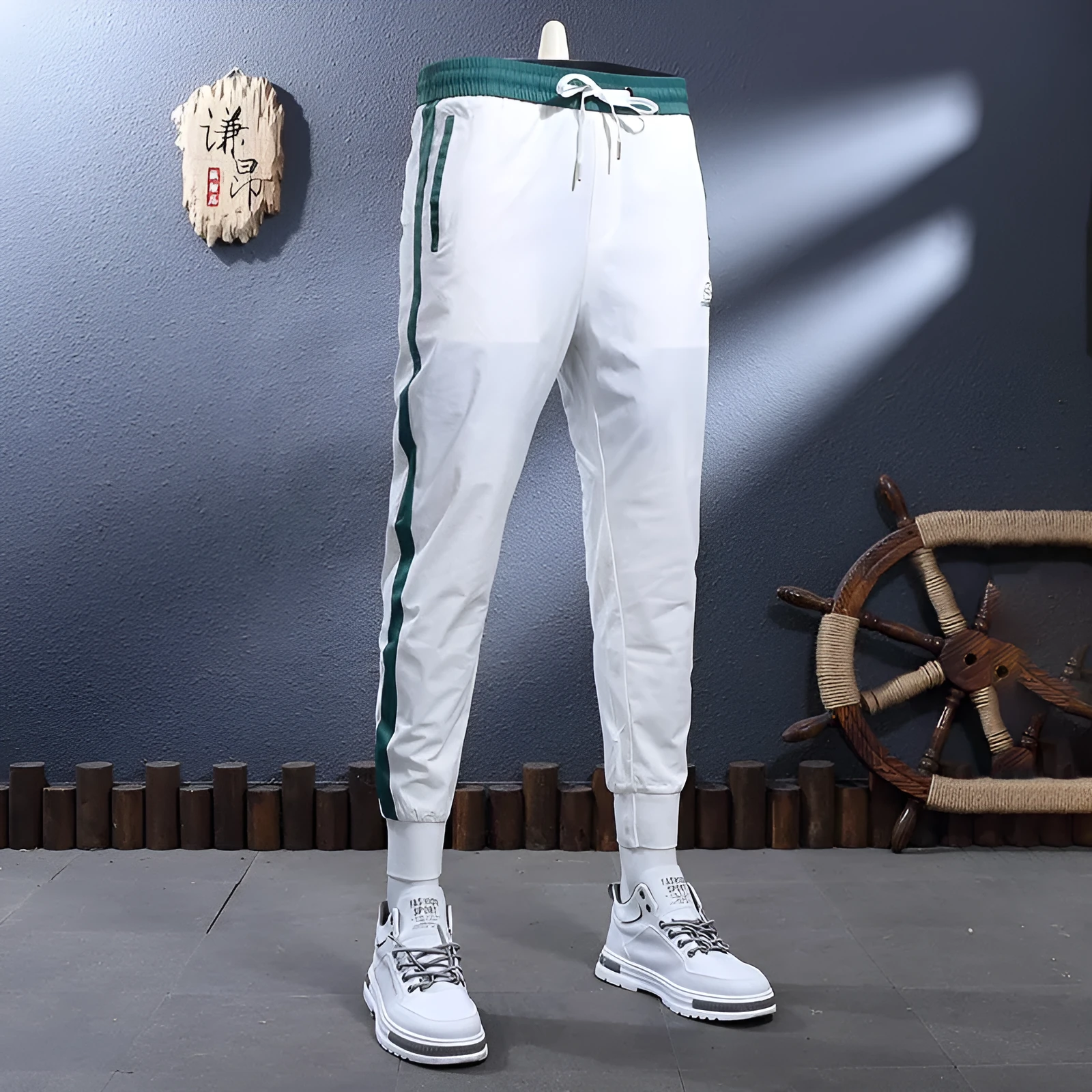 Ice silk breathable stretch slim-fit ankle-tied skinny sports trousers for men, black stripe design