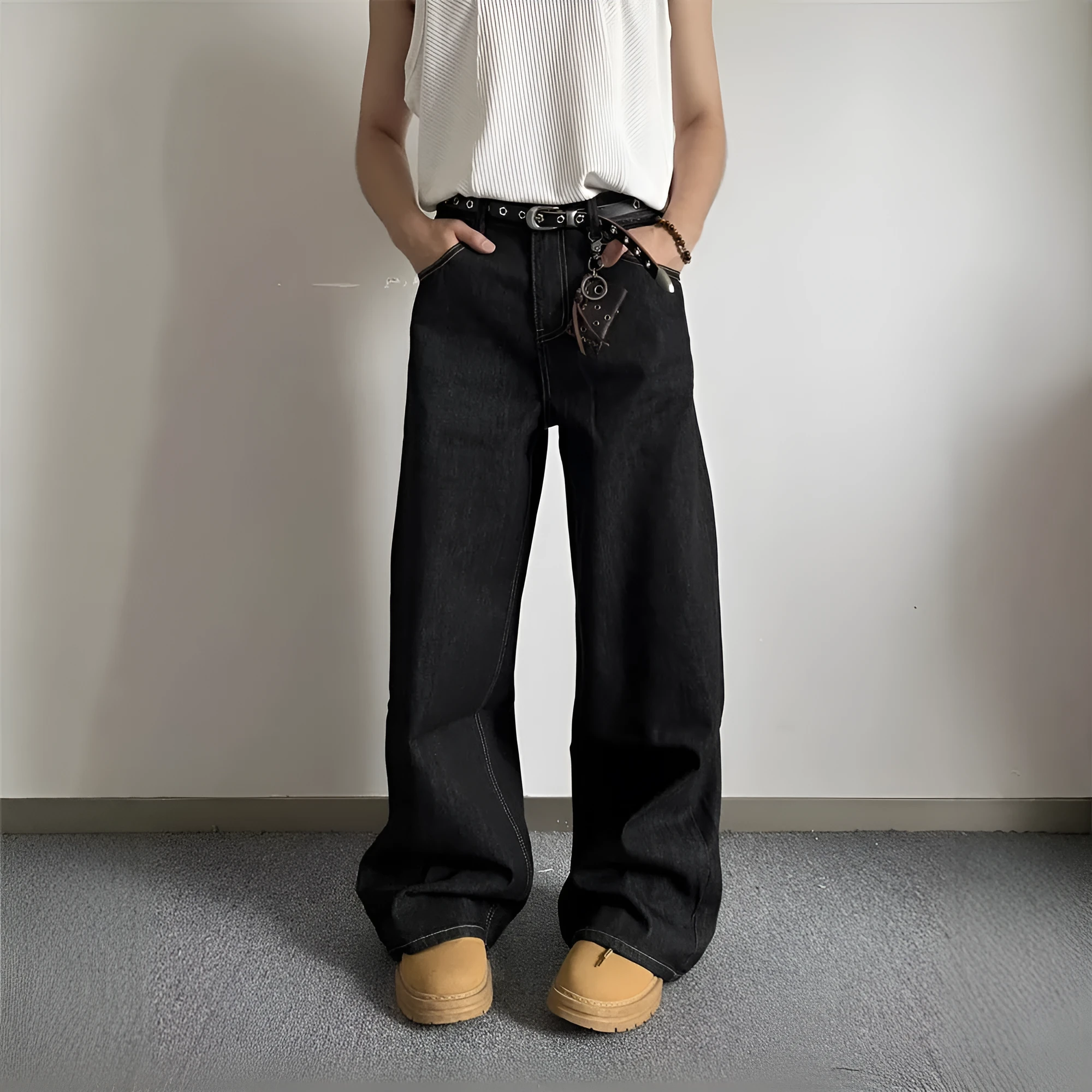 Black retro wide-leg denim jeans with straight-leg design and zip placket