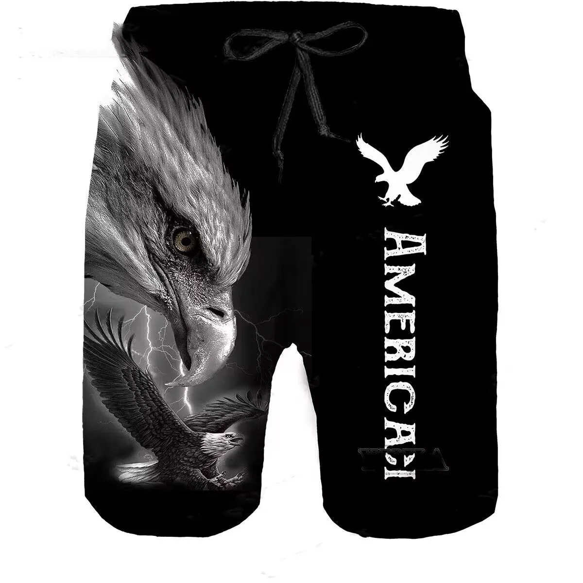 Mens beach shorts with eagle pattern print in polyethylene fiber fabric, straight leg, summer casual style