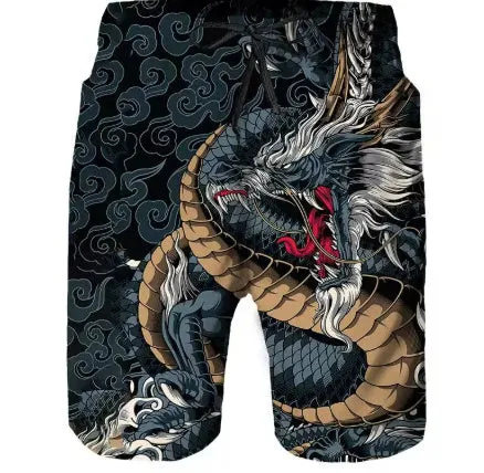 Mens beach shorts with eagle pattern print in polyethylene fiber fabric, straight leg, summer casual style