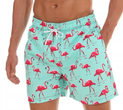 Mens beach shorts with eagle pattern print in polyethylene fiber fabric, straight leg, summer casual style