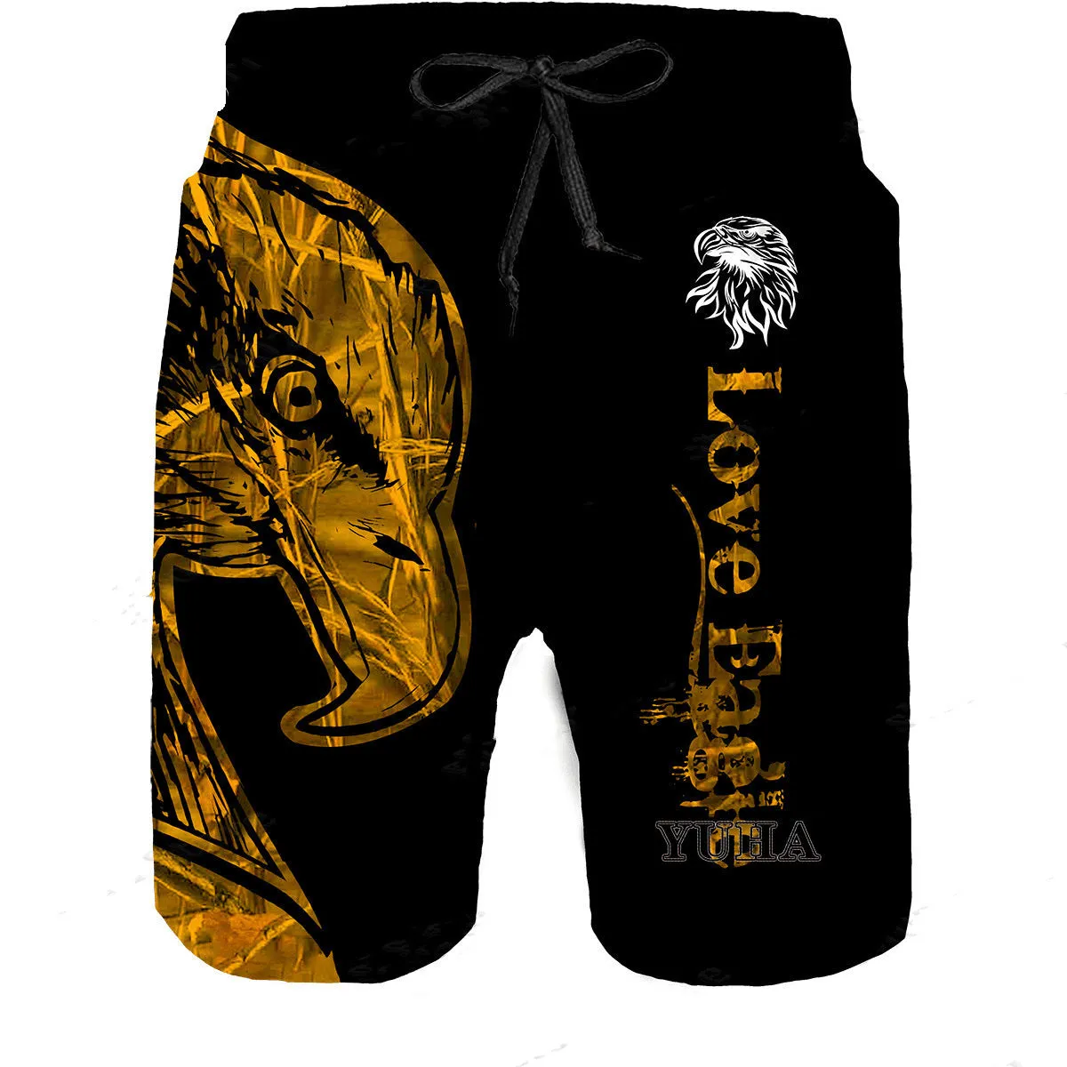 Mens beach shorts with eagle pattern print in polyethylene fiber fabric, straight leg, summer casual style