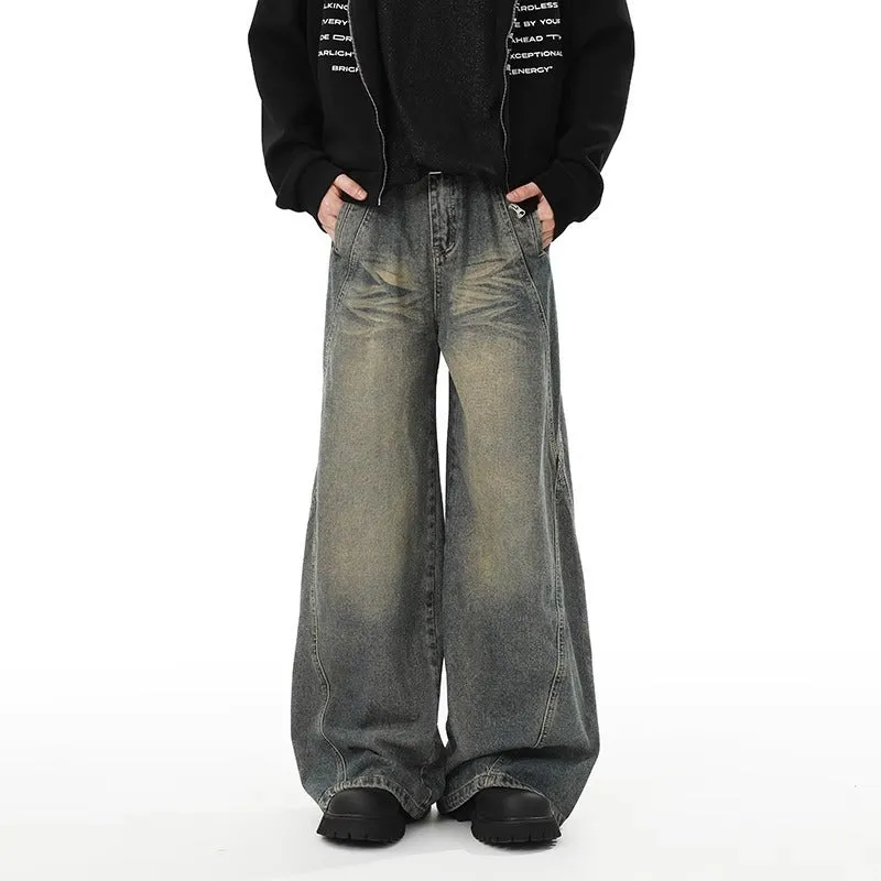 Blue washed distressed stitching straight loose wide-leg jeans for men, cotton denim, mid waist