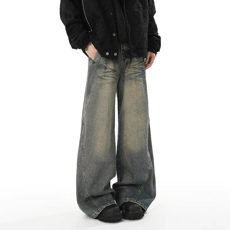 Blue washed distressed stitching straight loose wide-leg jeans for men, cotton denim, mid waist