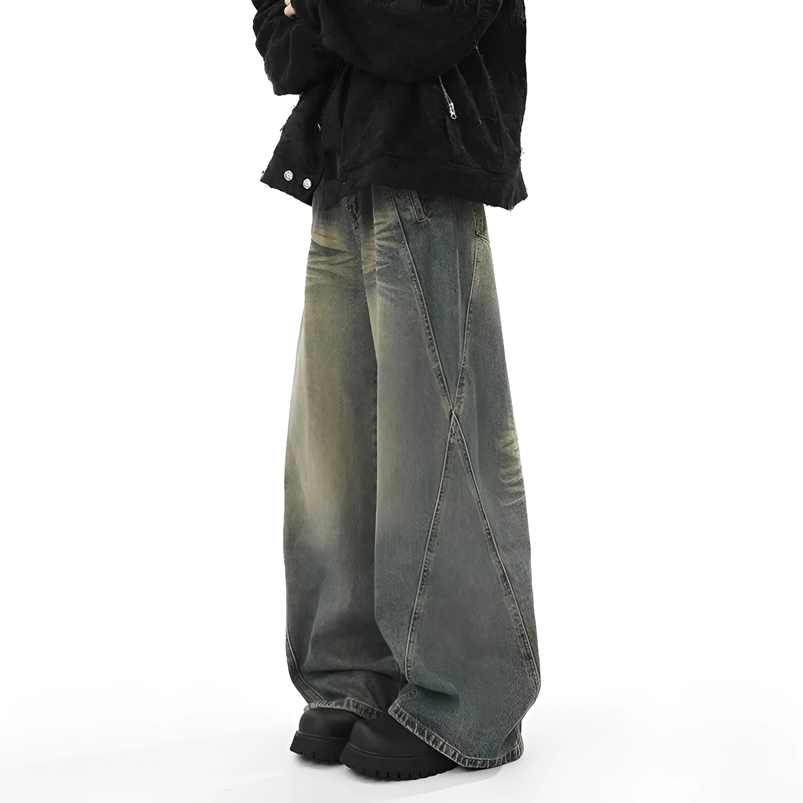 Blue washed distressed stitching straight loose wide-leg jeans for men, cotton denim, mid waist