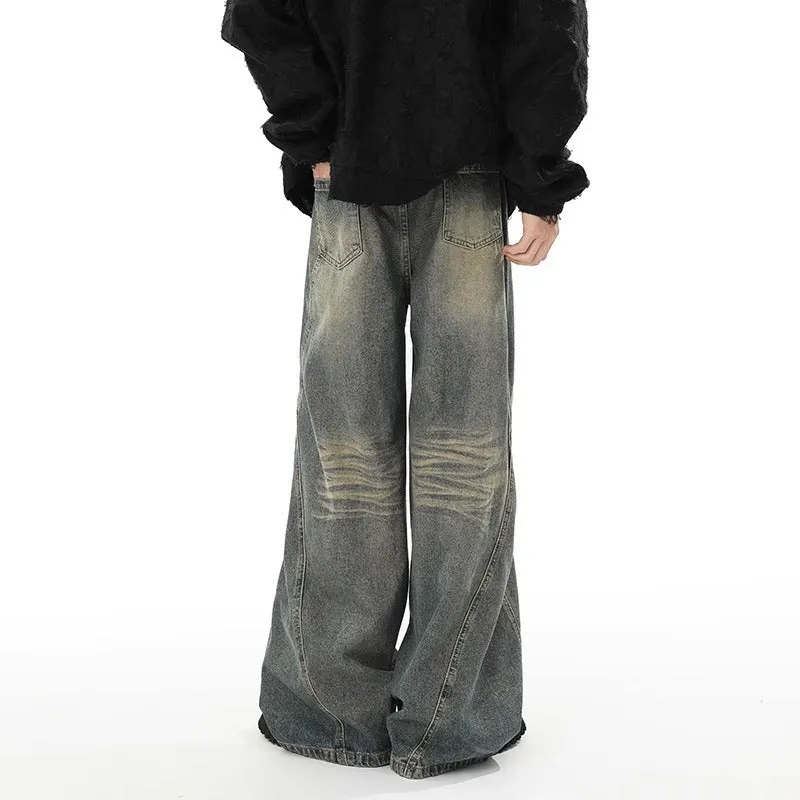 Blue washed distressed stitching straight loose wide-leg jeans for men, cotton denim, mid waist