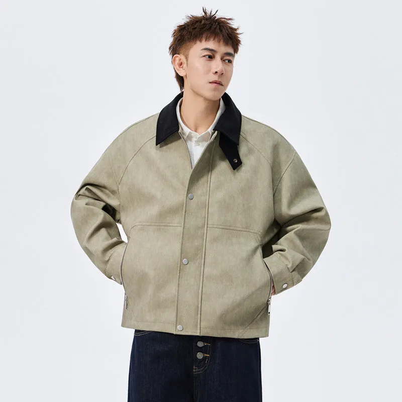 Large size men's PU leather coat with polo collar in khaki, shown on model, size 8XL available
