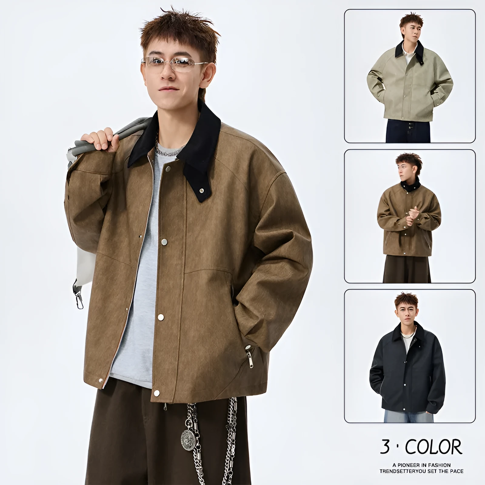 Large size men's PU leather coat with polo collar in khaki, shown on model, size 8XL available