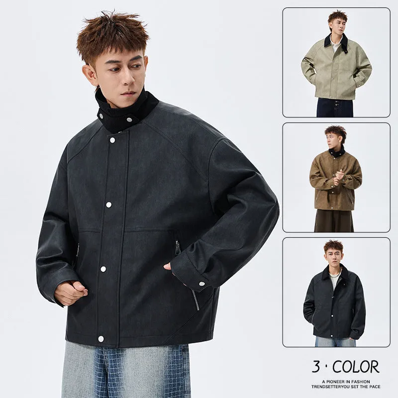 Large size men's PU leather coat with polo collar in khaki, shown on model, size 8XL available