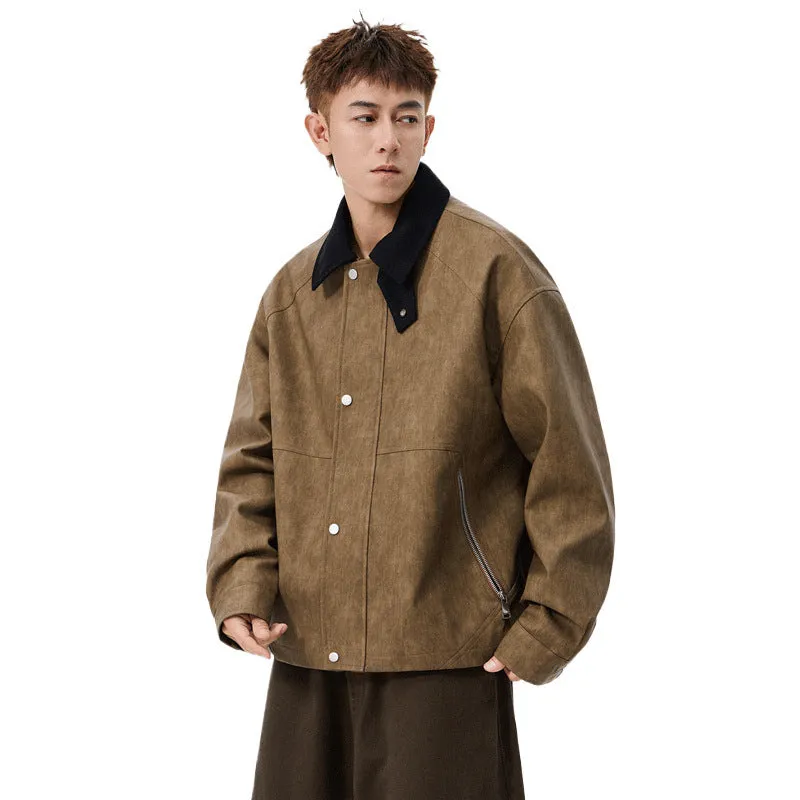 Large size men's PU leather coat with polo collar in khaki, shown on model, size 8XL available