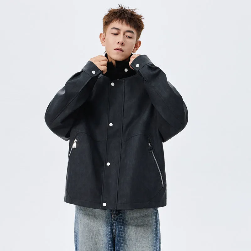 Large size men's PU leather coat with polo collar in khaki, shown on model, size 8XL available