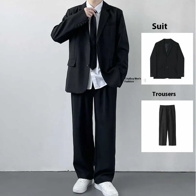Plus size men's college style suit set with jacket, trousers, white shirt and tie