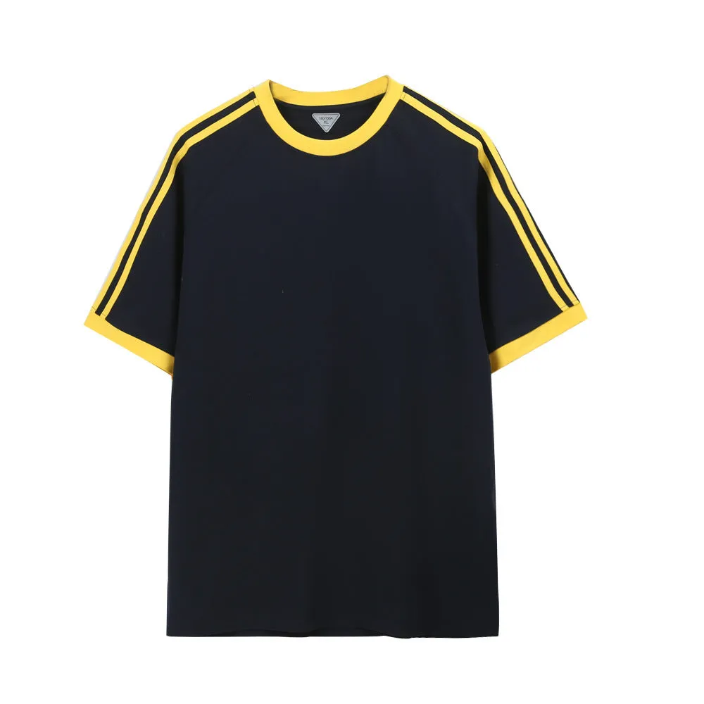 Ice silk stripes five-point top in ice-feeling cotton, loose fit pullover design, unisex summer shirt