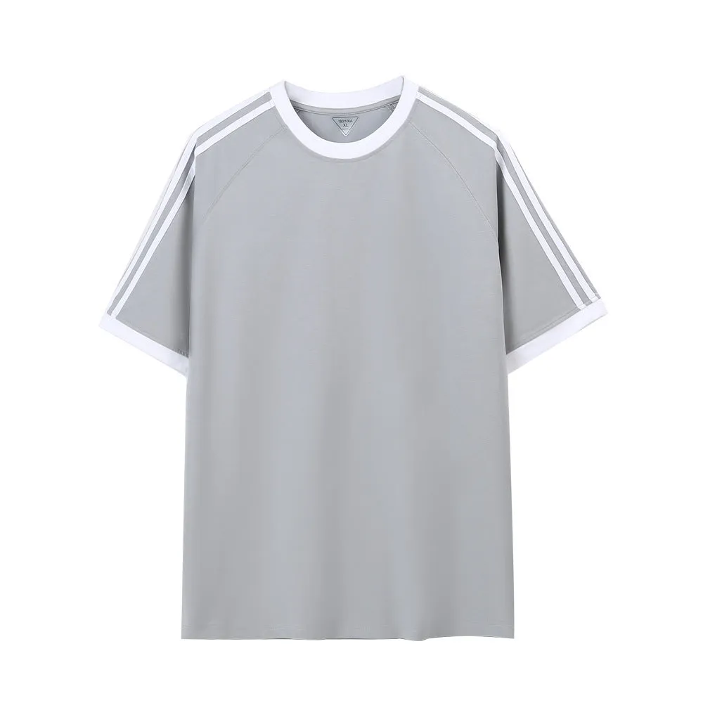 Ice silk stripes five-point top in ice-feeling cotton, loose fit pullover design, unisex summer shirt