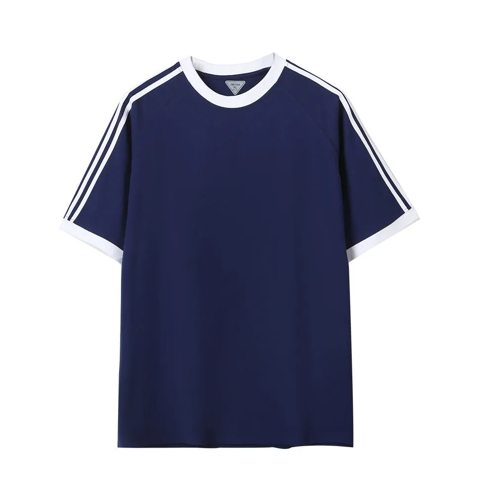 Ice silk stripes five-point top in ice-feeling cotton, loose fit pullover design, unisex summer shirt