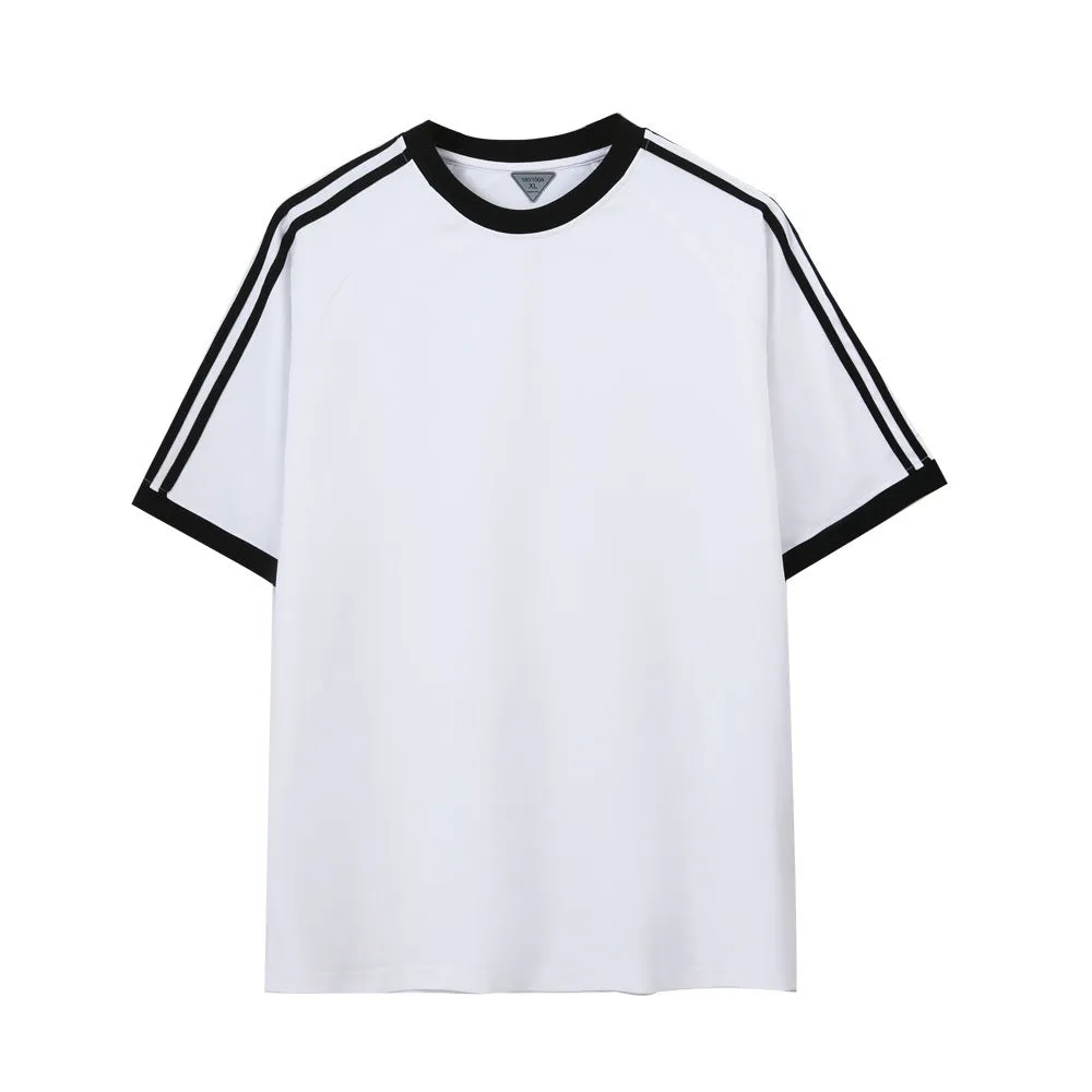 Ice silk stripes five-point top in ice-feeling cotton, loose fit pullover design, unisex summer shirt