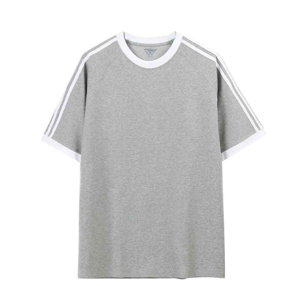 Ice silk stripes five-point top in ice-feeling cotton, loose fit pullover design, unisex summer shirt